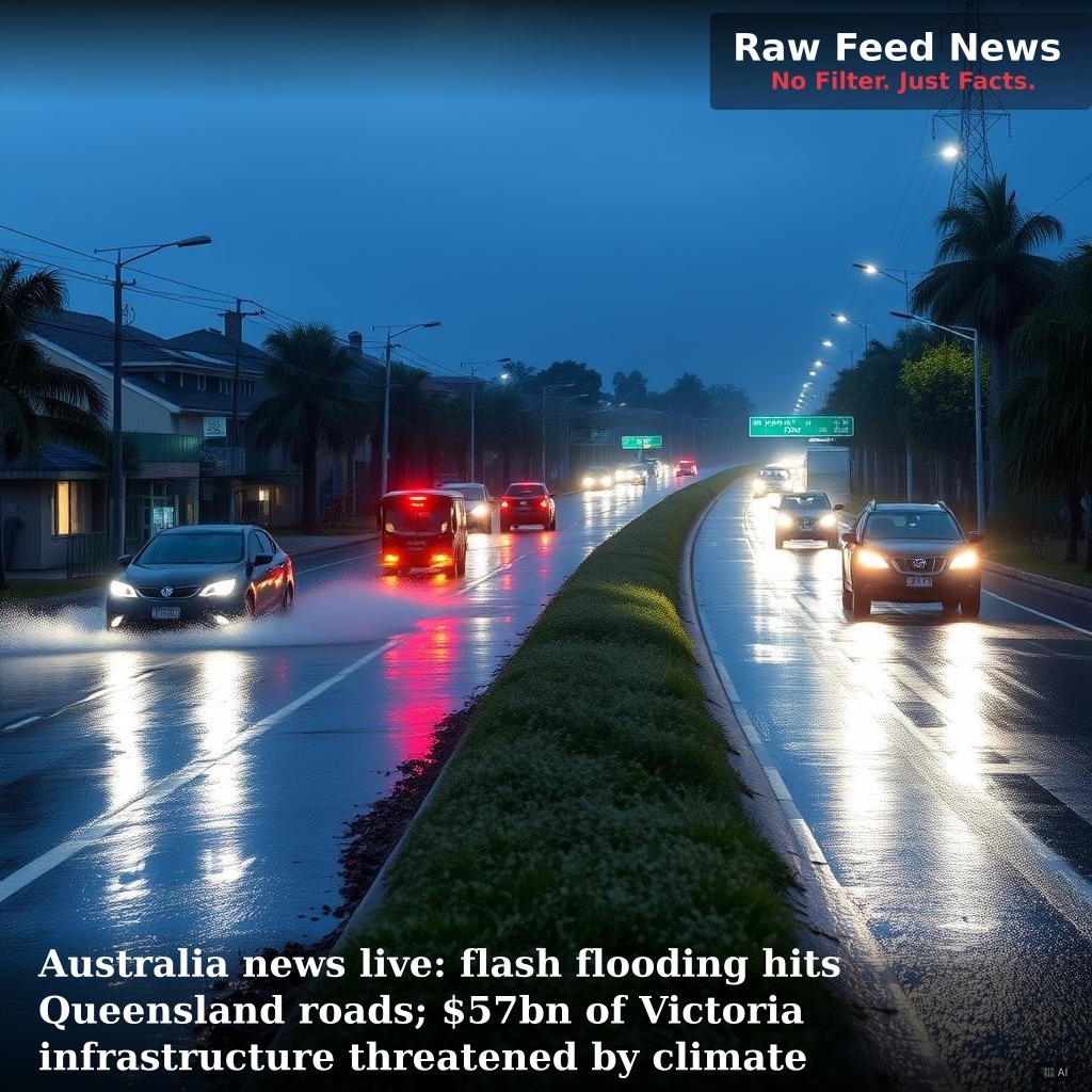 Australia news live: flash flooding hits Queensland roads; $57bn of Victoria infrastructure threatened by climate hazards