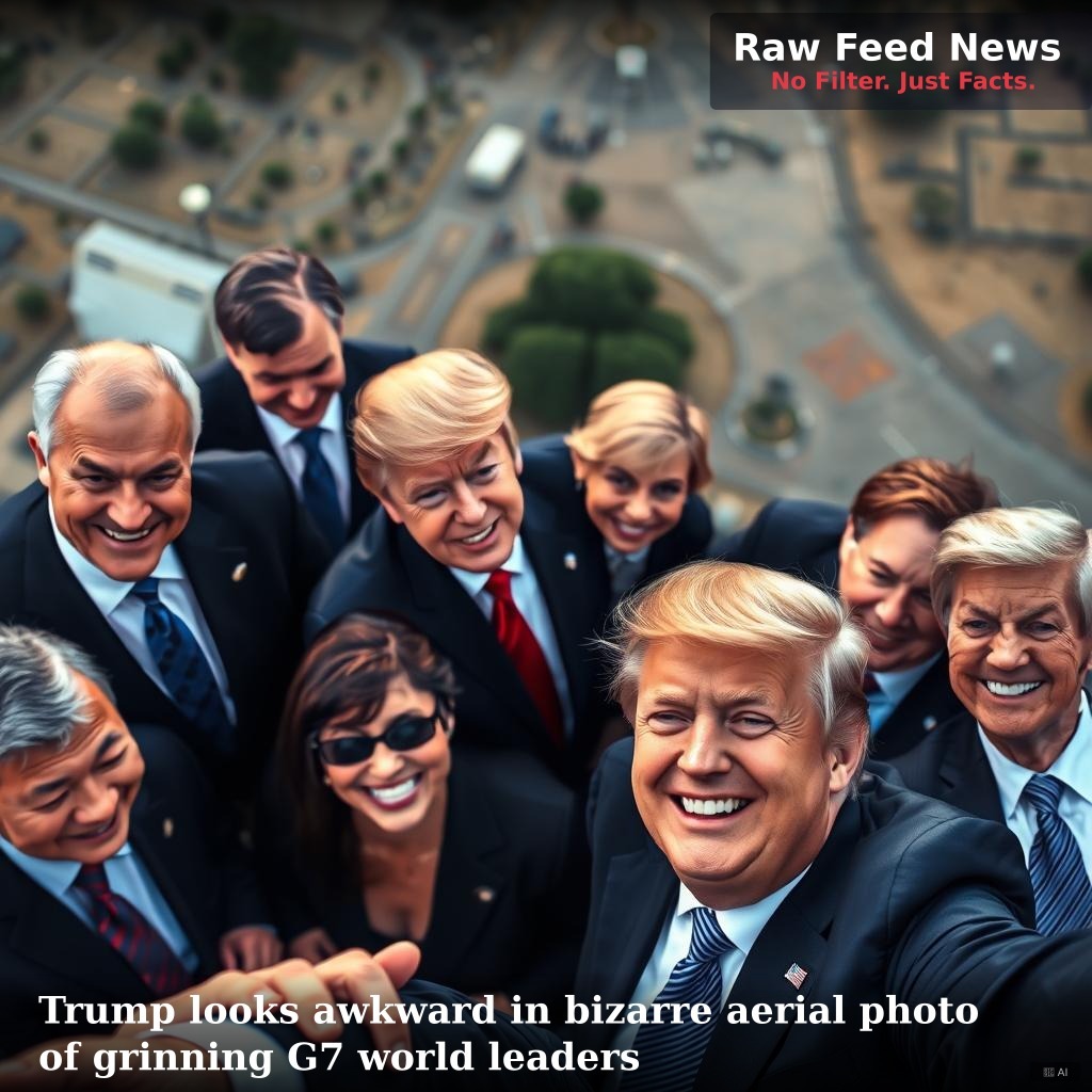 Trump looks awkward in bizarre aerial photo of grinning G7 world leaders