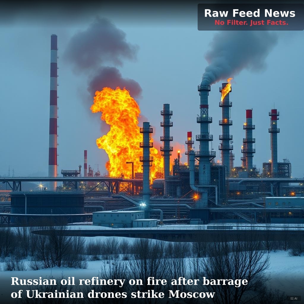 Russian oil refinery on fire after barrage of Ukrainian drones strike Moscow