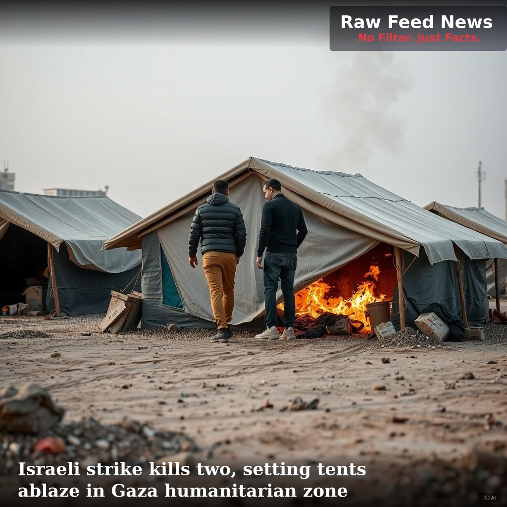 Israeli strike kills two, setting tents ablaze in Gaza humanitarian zone