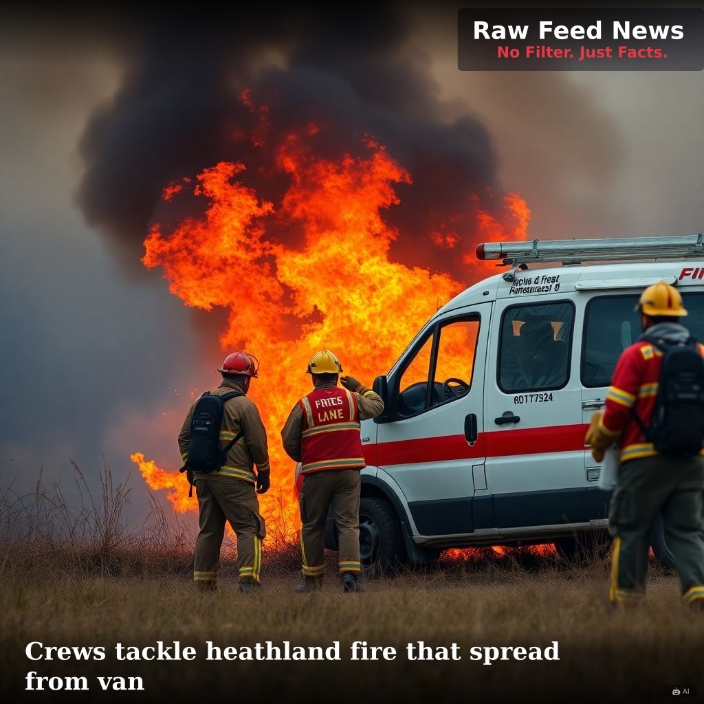 Crews tackle heathland fire that spread from van