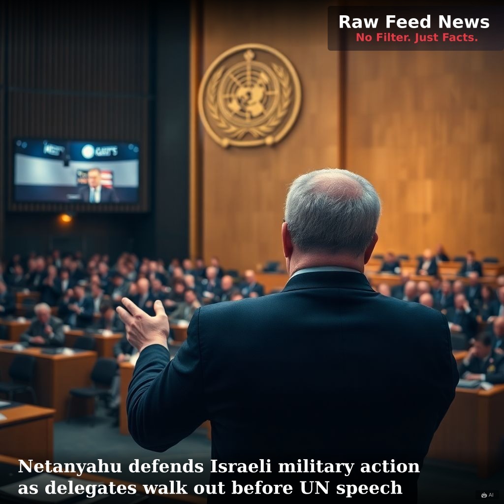 Netanyahu defends Israeli military action as delegates walk out before UN speech